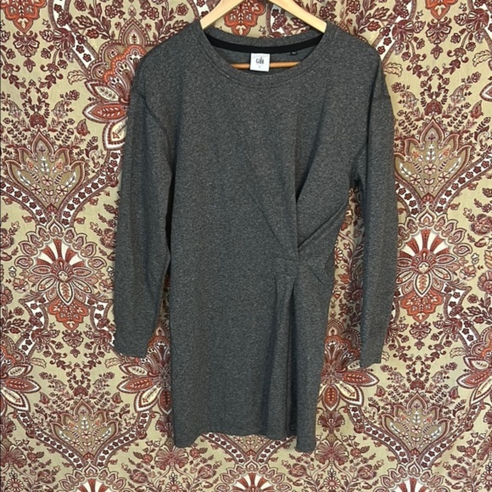 CABI #3650 L/S Put On Faux Wrap Sweatshirt Dress in Heather Gray